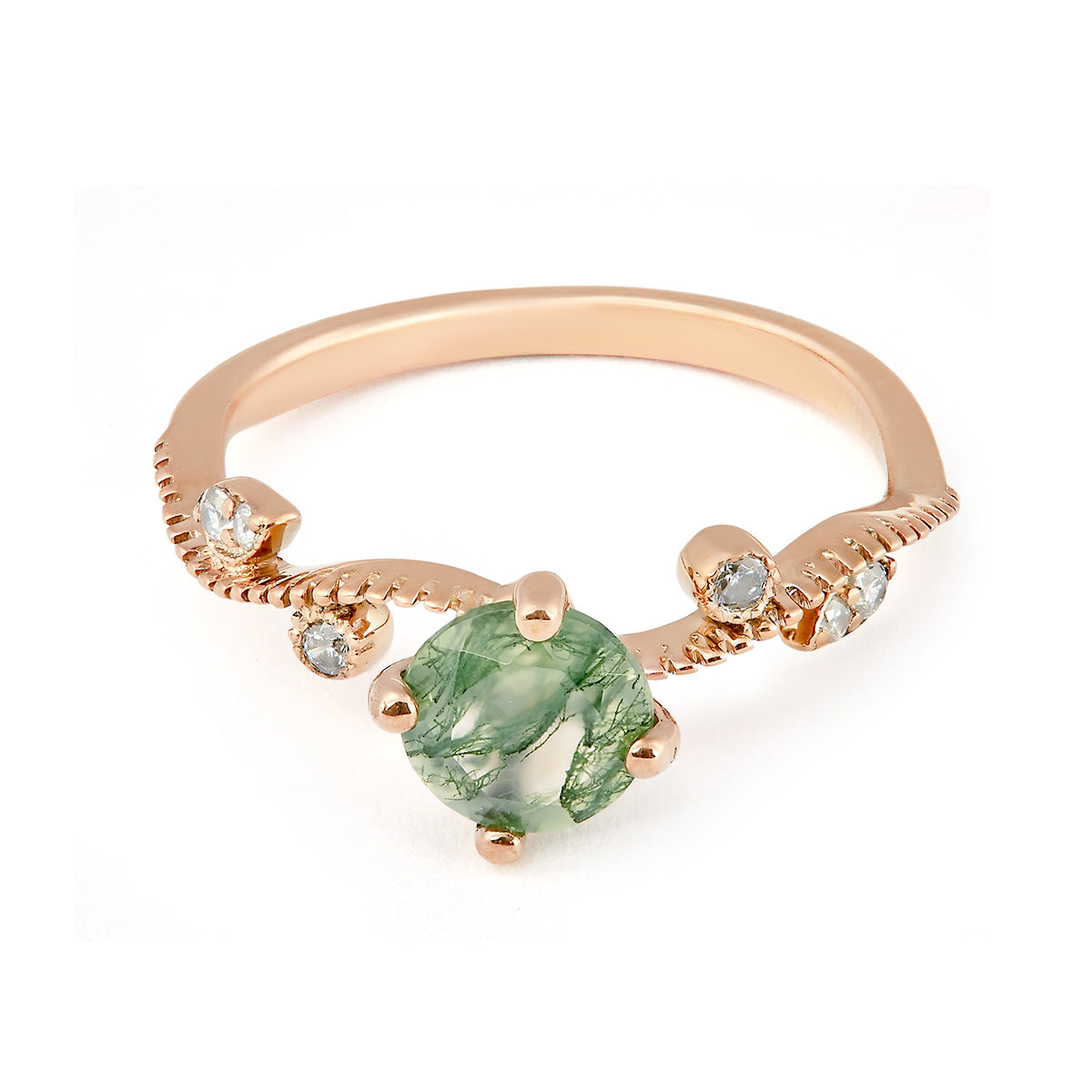 Round moss agate center stone and small accent diamonds on a wavy, milgrain band.