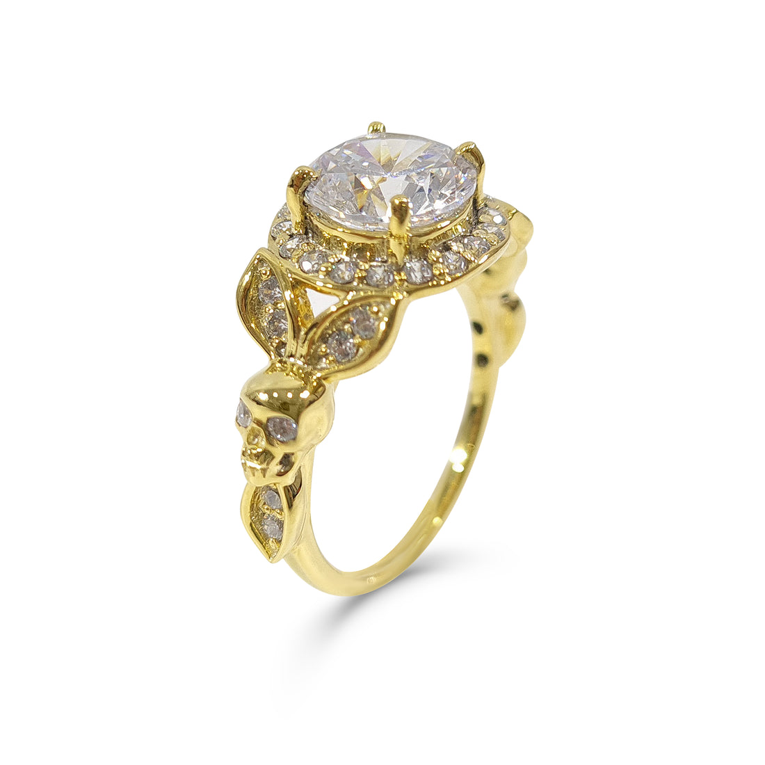 Gold Skull Diamond Ring Halo Leaf Gothic Skull Engagement Ring