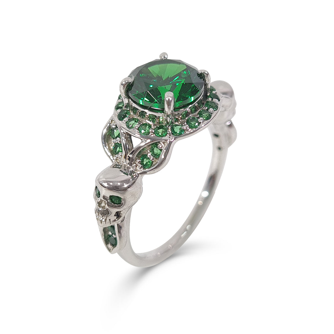 Halo Emerald Skull Wedding Ring Leaf Skull Ring Sterling Silver