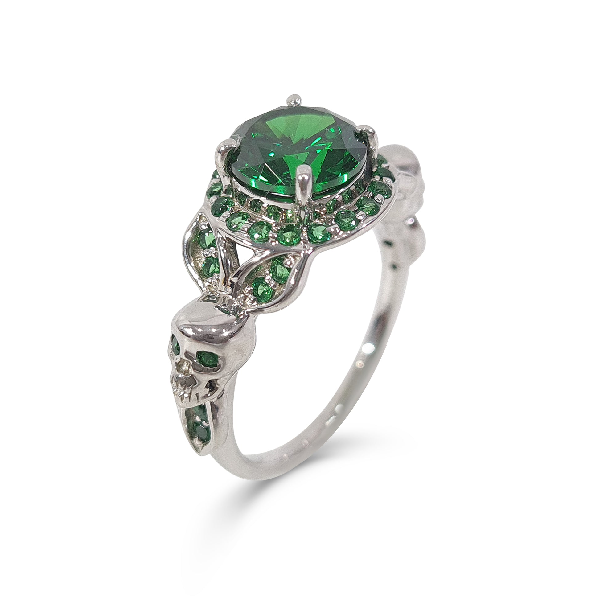 Halo Emerald Skull Wedding Ring Leaf Skull Ring Sterling Silver