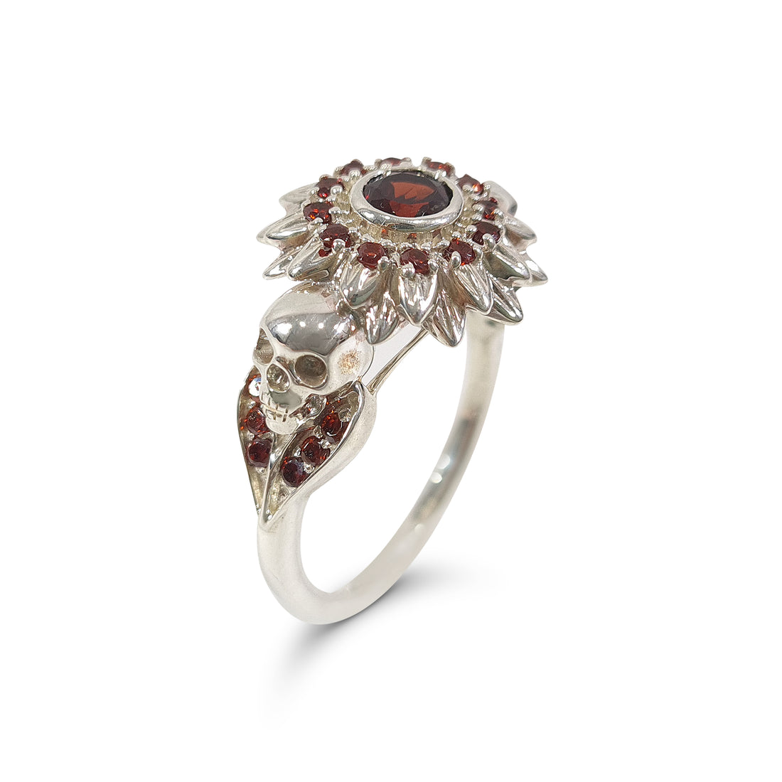 Silver Flower Skull Ring 0.80TCW Garnet Gothic Engagement Ring