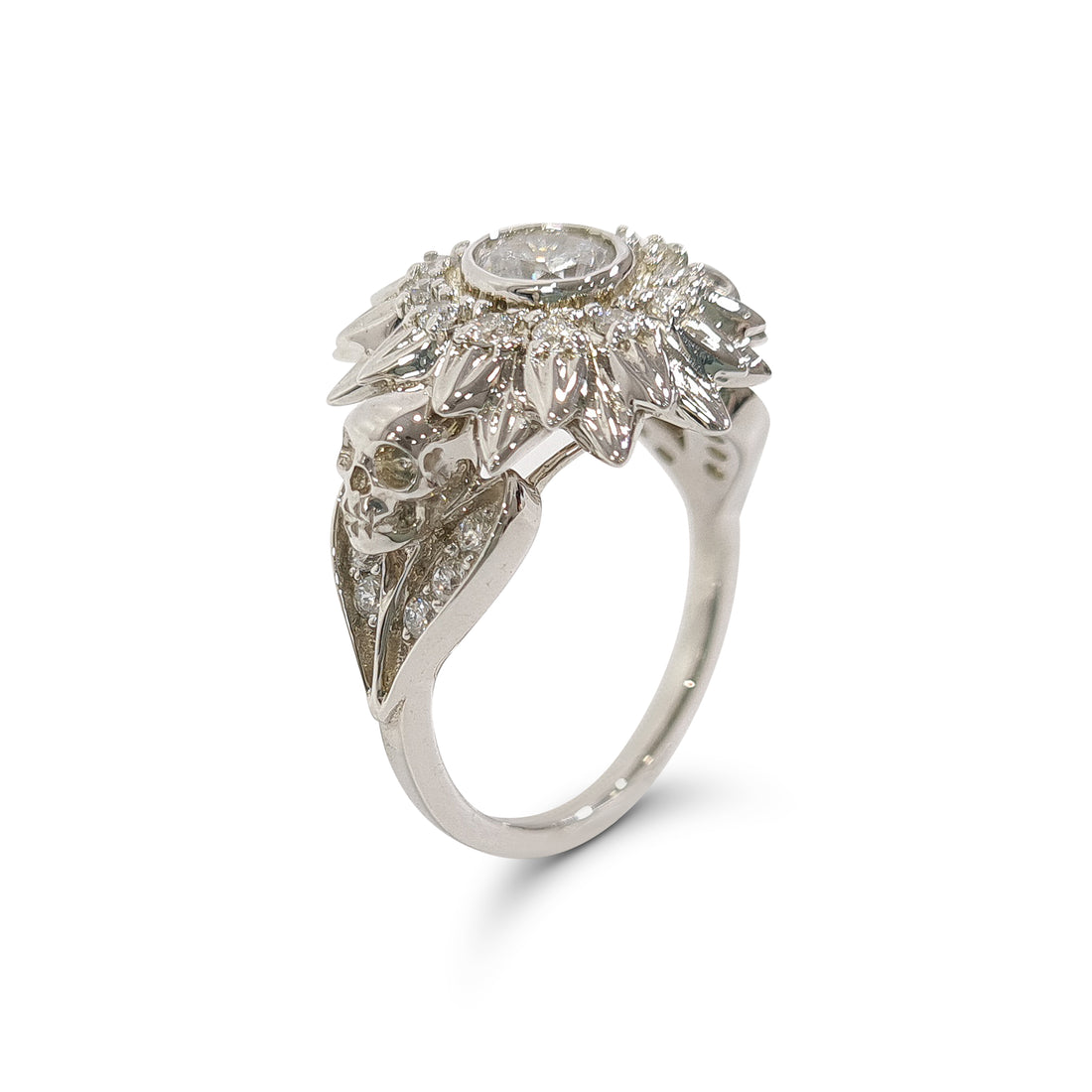 Diamond Flower Skull Ring Gothic Skull Engagement Ring Silver