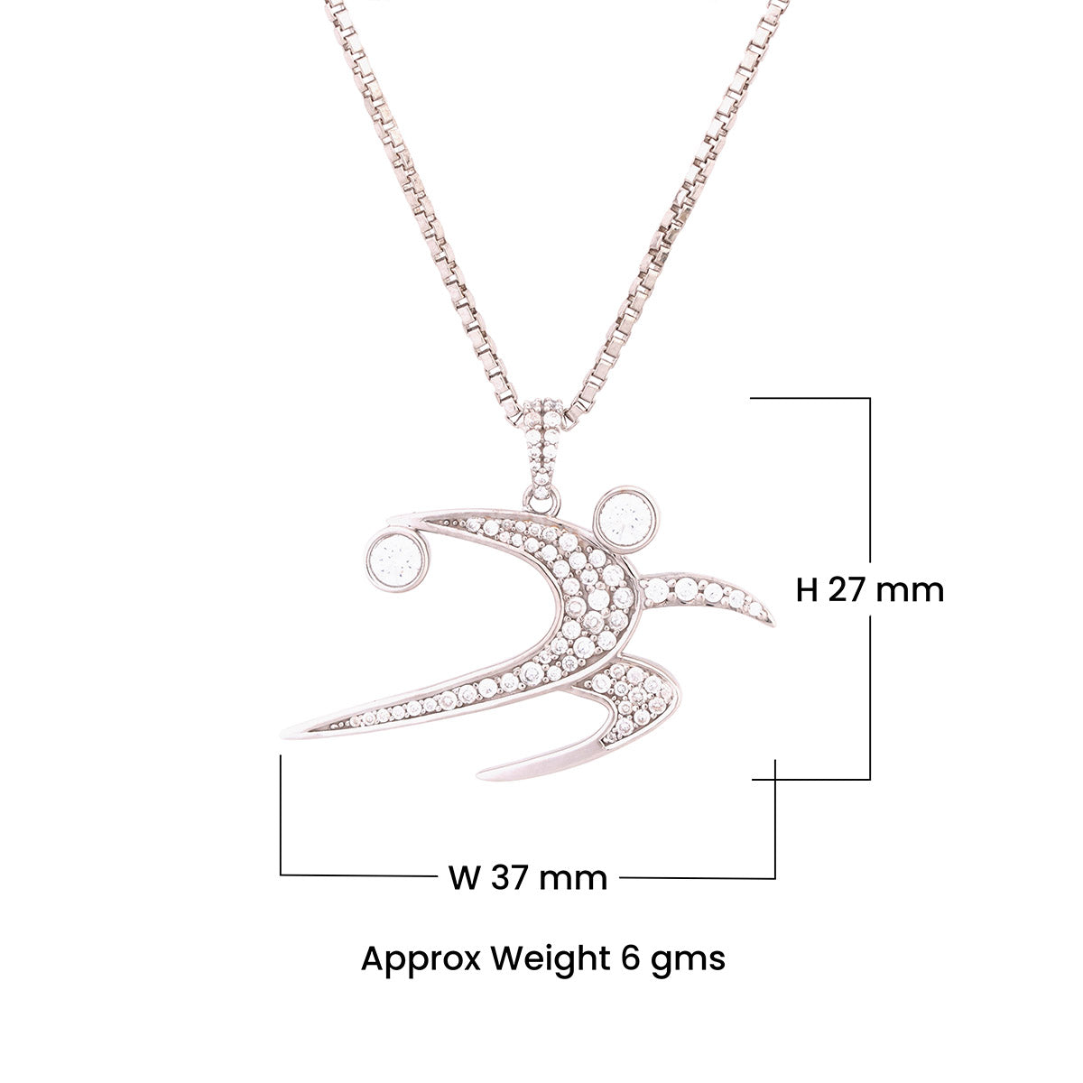 Track and Field Shot Put Pendant Necklace with measurements on a white background