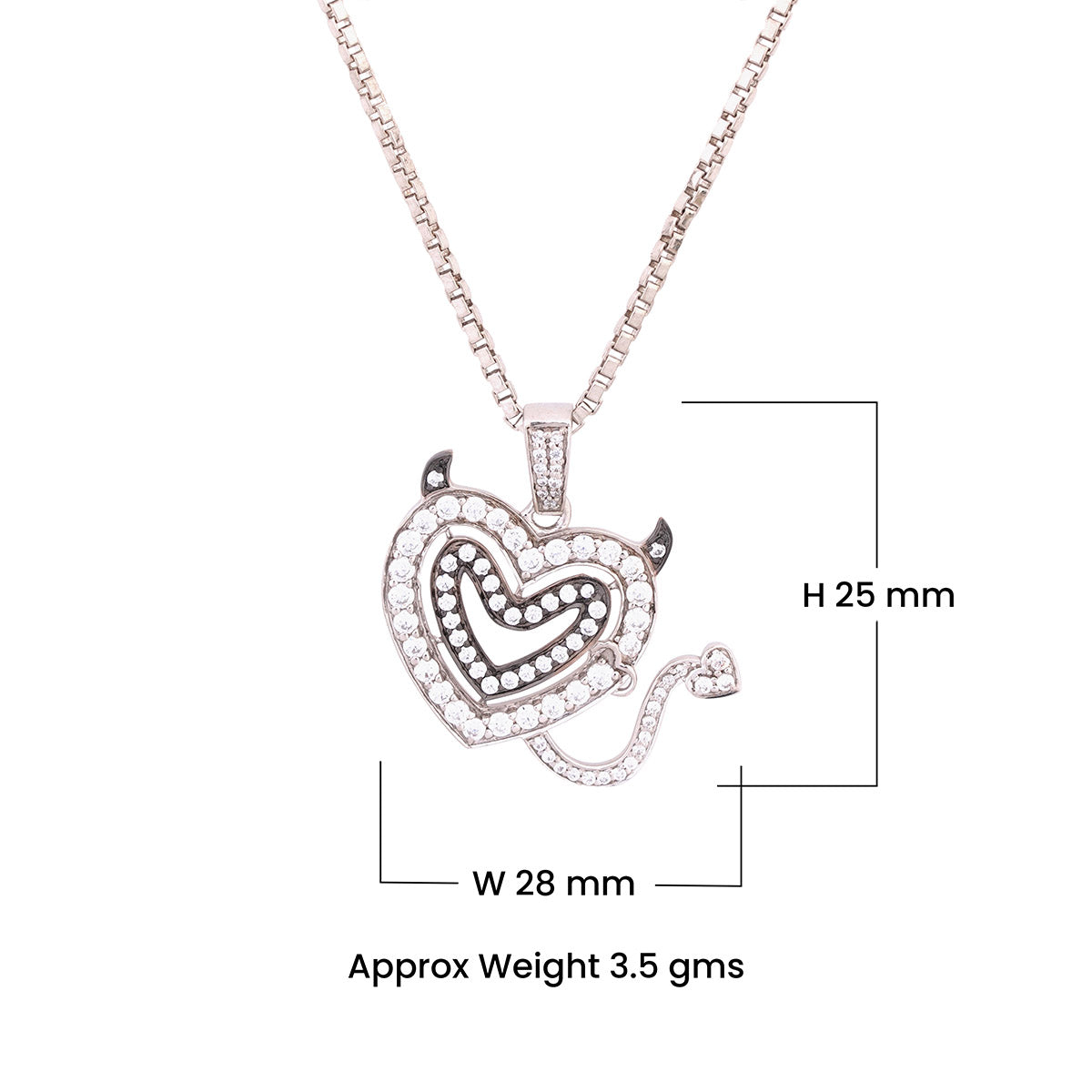 Heart-shaped pendant necklace with measurements on a white background