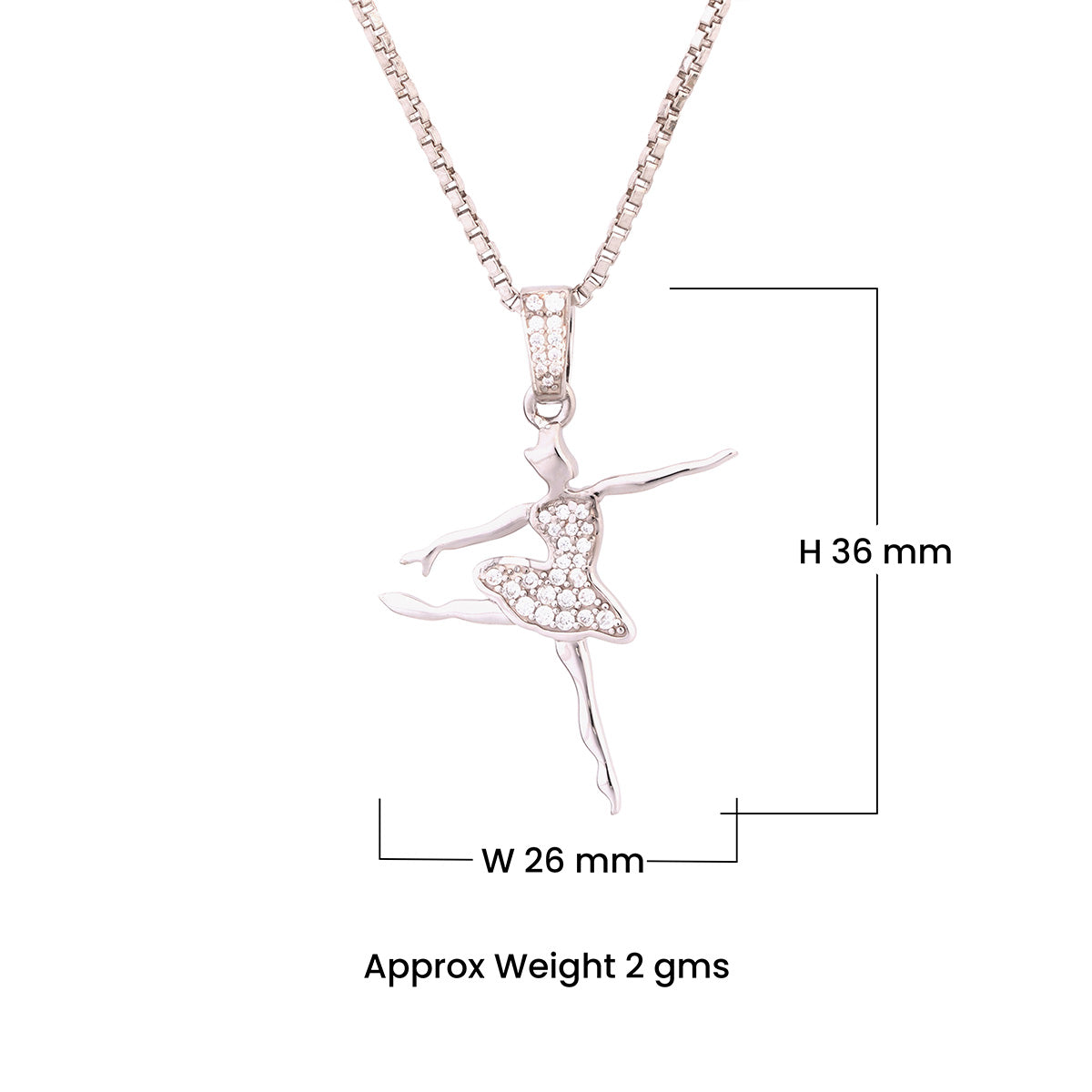 Silver ballerina pendant necklace with measurements on a white background