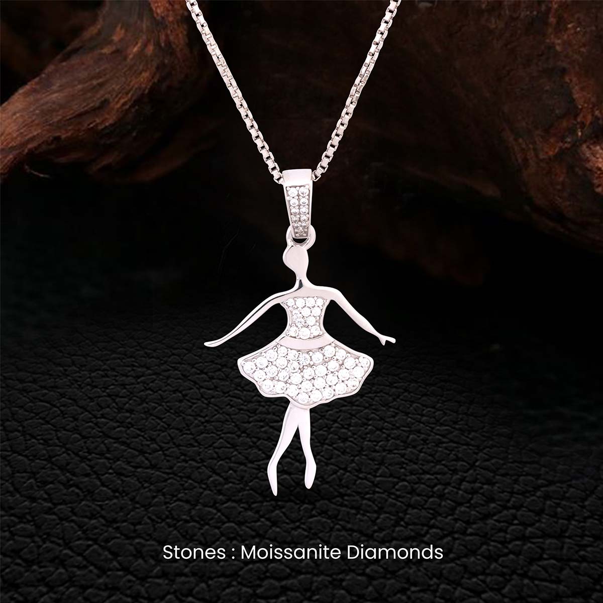 sterling Silver pendant shaped like a ballerina studded with moissanite diamonds