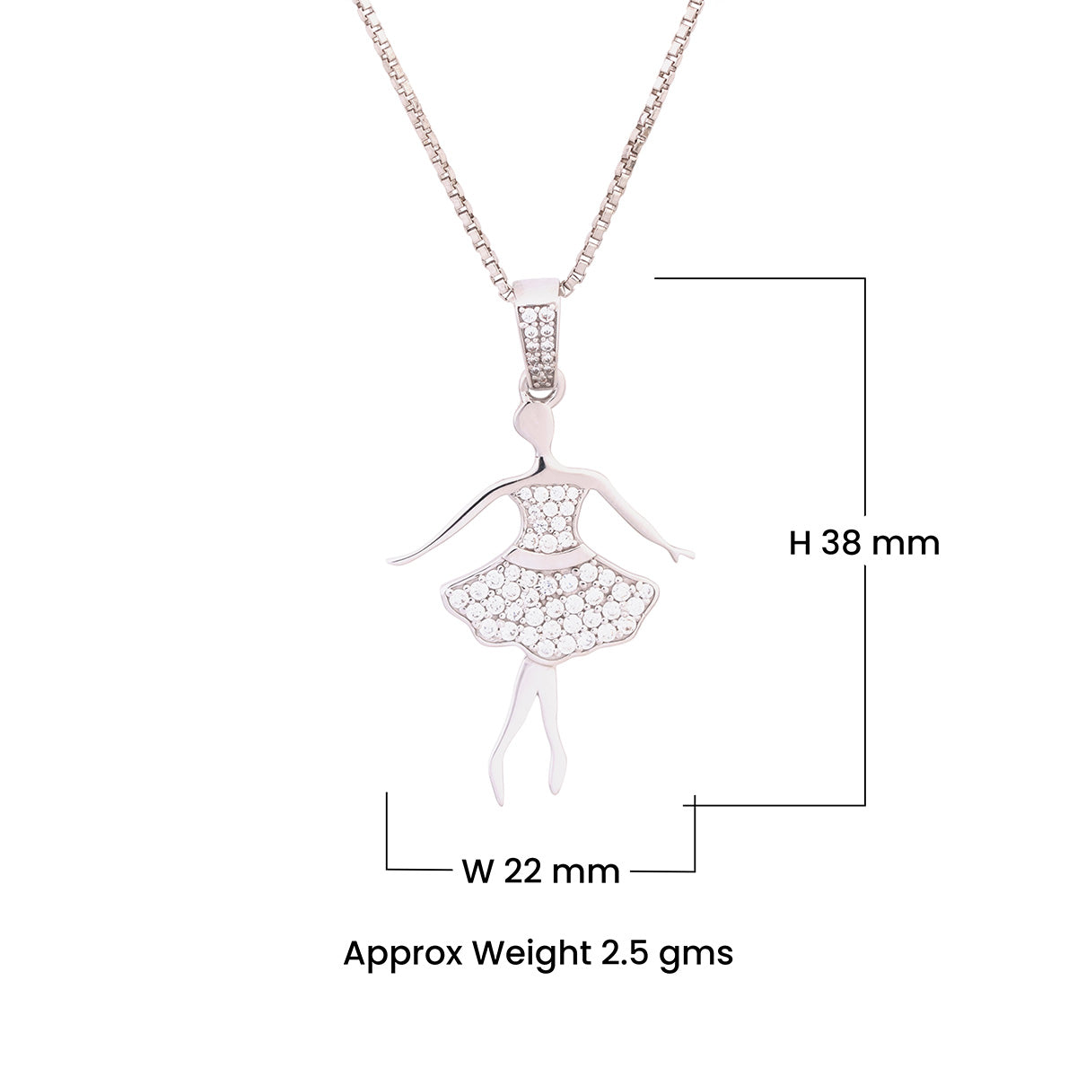 Silver ballerina pendant necklace with measurements on a white background