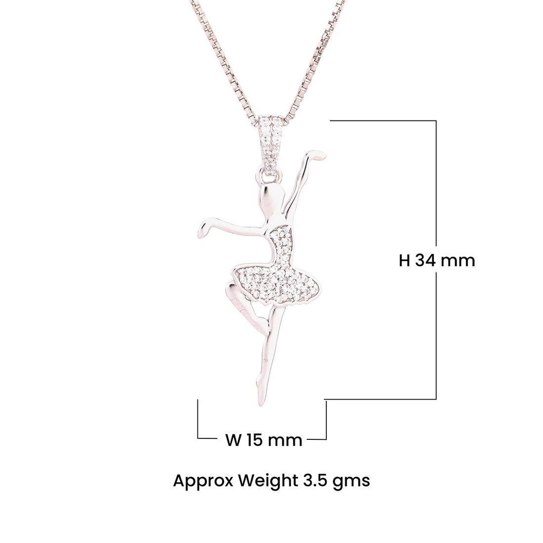 Silver ballerina pendant necklace studded with moissanite diamonds on a dark textured background