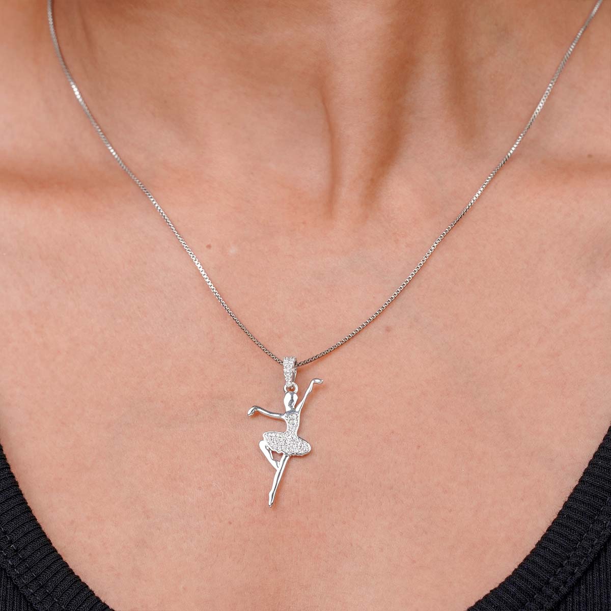 Sterling Silver Ballet Dancer Ballerina Pendant Necklace on girl's neck
