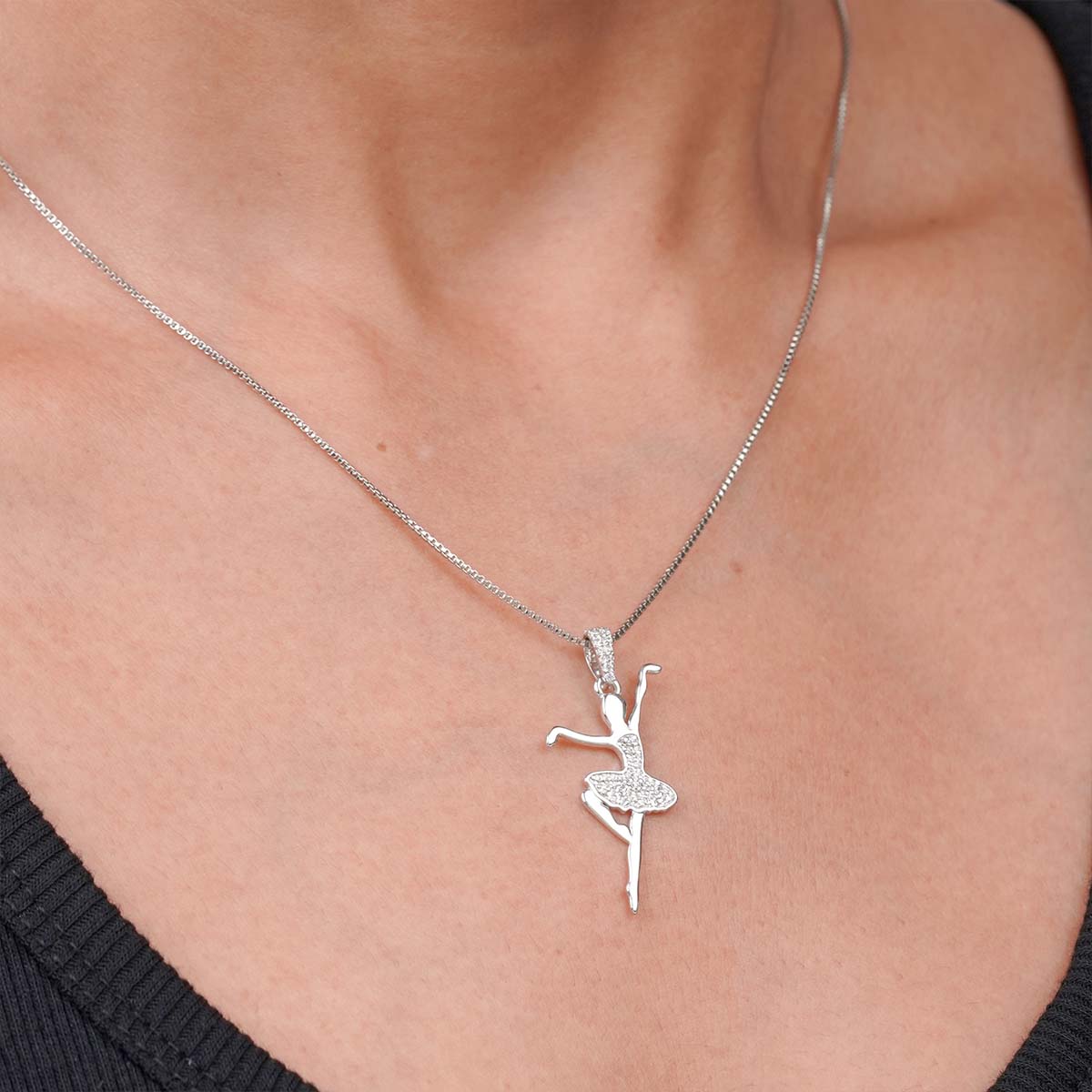 Ballet Dancer Ballerina Sterling Silver Pendant Necklace on a person's neck
