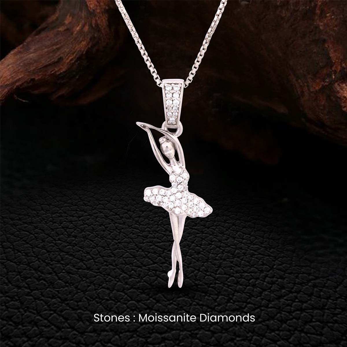 Silver ballerina pendant necklace with moissanite diamonds