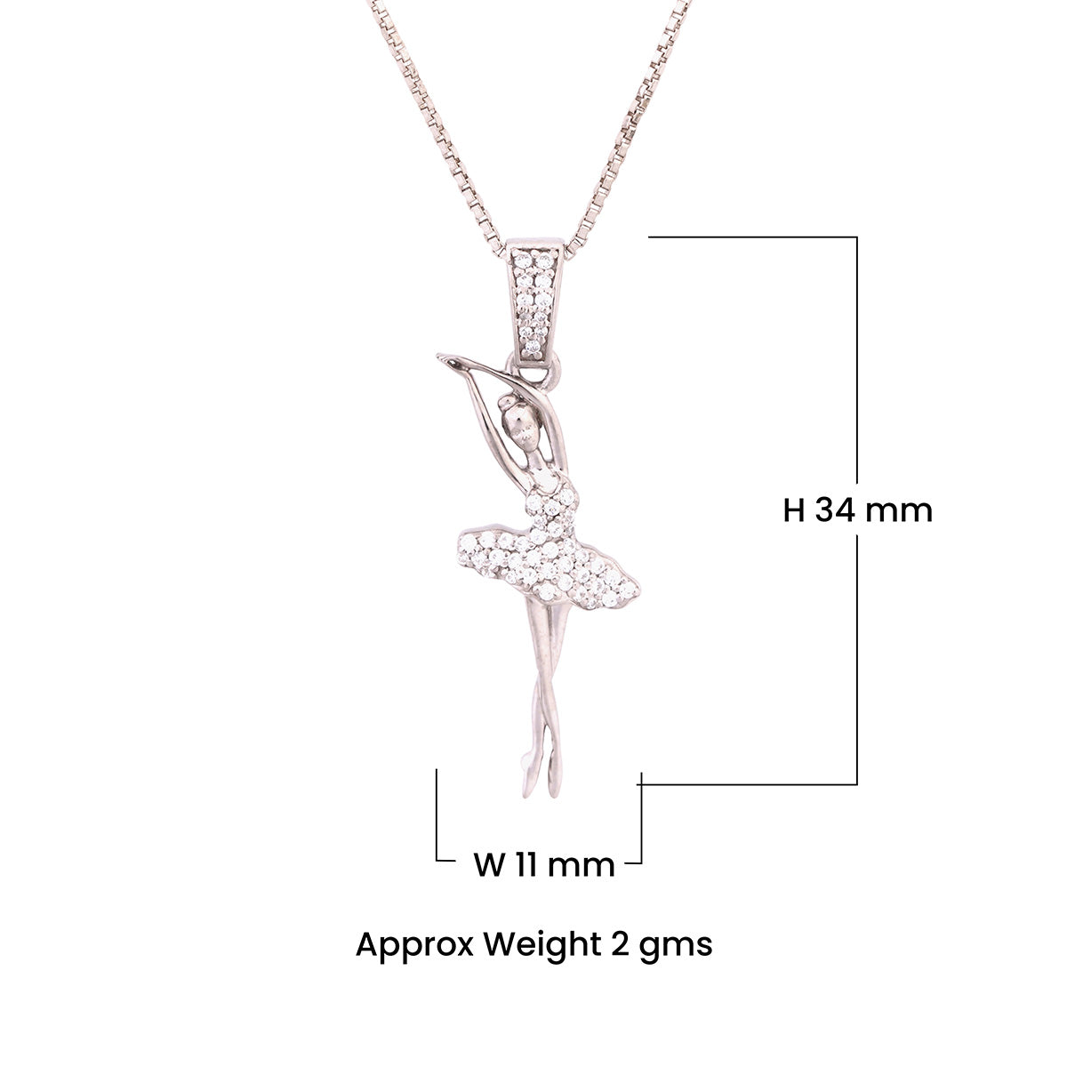 Ballerina pendant necklace with measurements on a white background