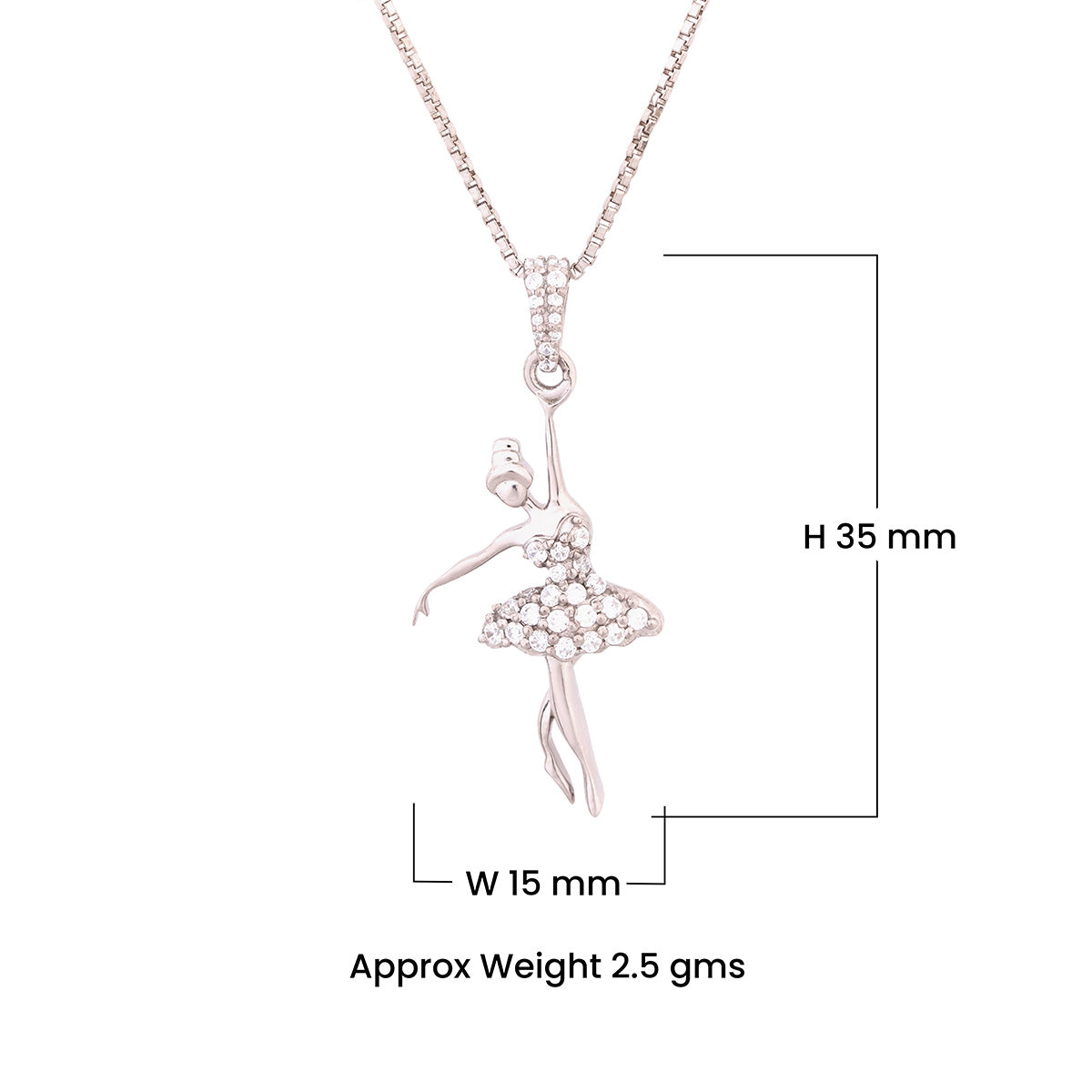 diamond ballerina pendant necklace with measurements on a white background