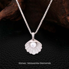Moissanite Scallop Seashell Necklace Sterling Silver Beach Pendant Tropical Jewelry