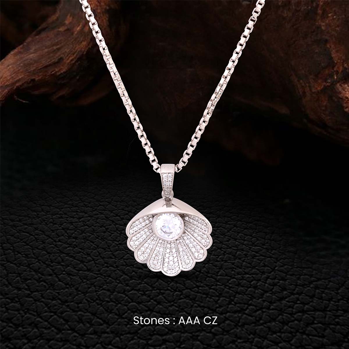 Scallop Seashell Pendant Necklace AAA Cubic Zirconia CZ Diamonds Sterling Silver Tropical Beach Jewelry