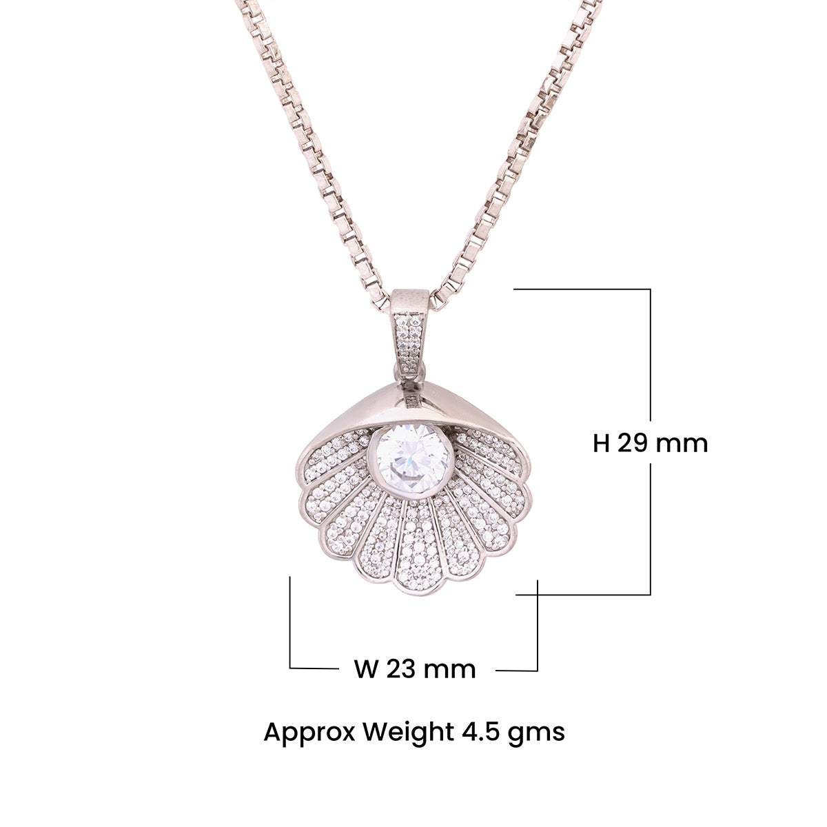 Sterling Silver Scallop Seashell pendant necklace with measurements on a white background