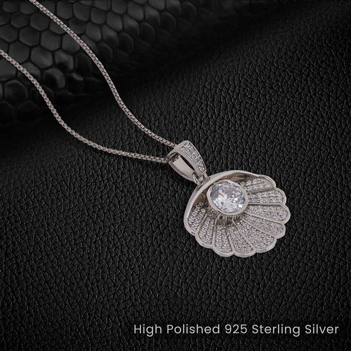 Scallop Seashell Pendant Necklace Crafted in 925 Sterling Silver with AAA Cubic Zirconia or Moissanite Diamonds, Tropical Hawaiian Ocean Beach Jewelry
