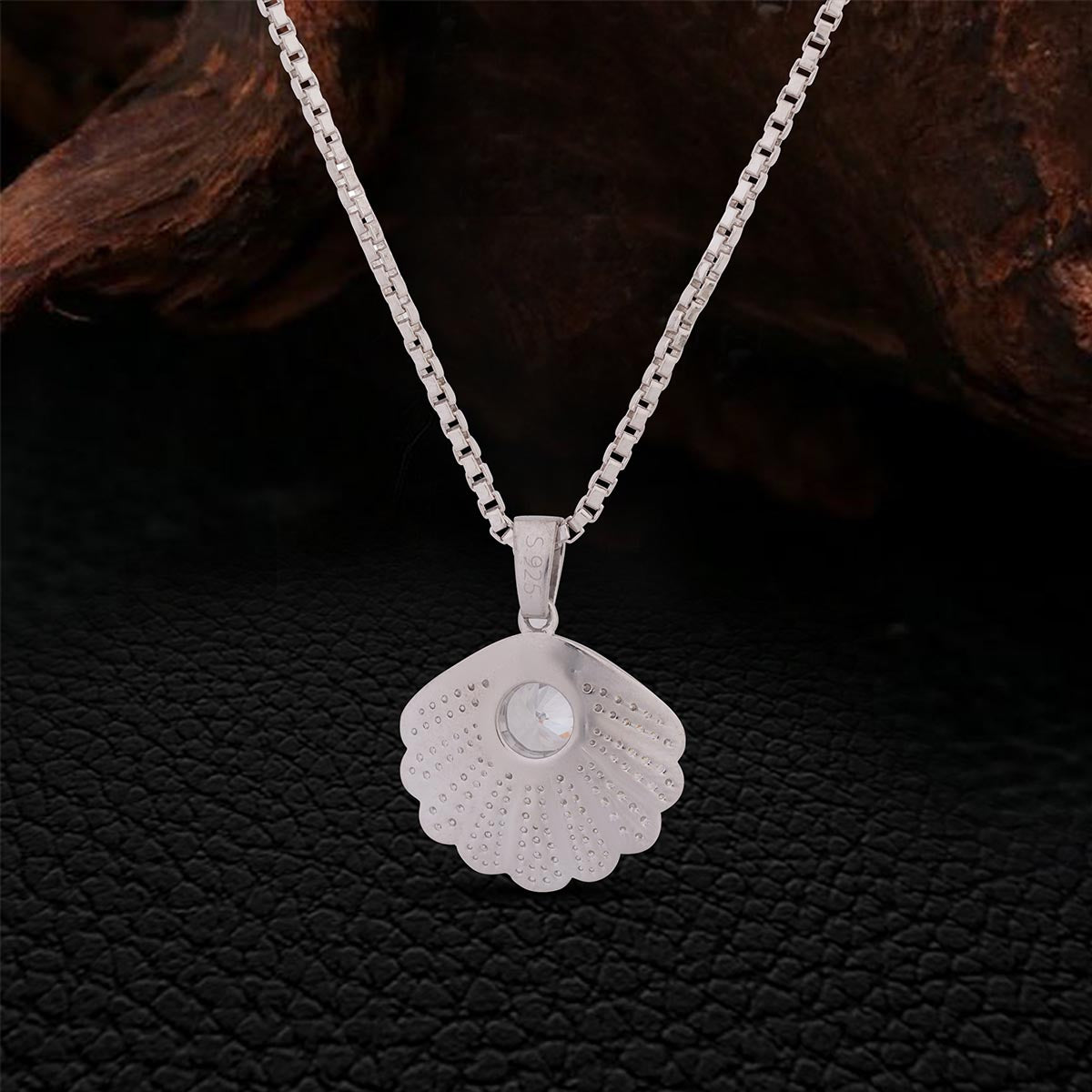 Backside of Scallop Seashell Pendant Necklace Crafted in 925 Sterling Silver with AAA Cubic Zirconia or Moissanite Diamonds, Tropical Hawaiian Ocean Beach Jewelry