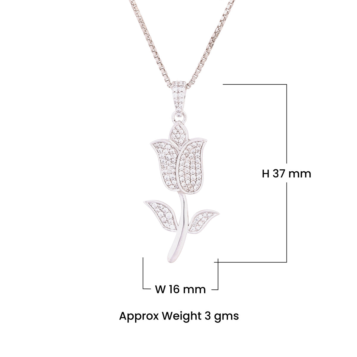 Tulip-shaped sterling silver pendant necklace with measurements on a white background