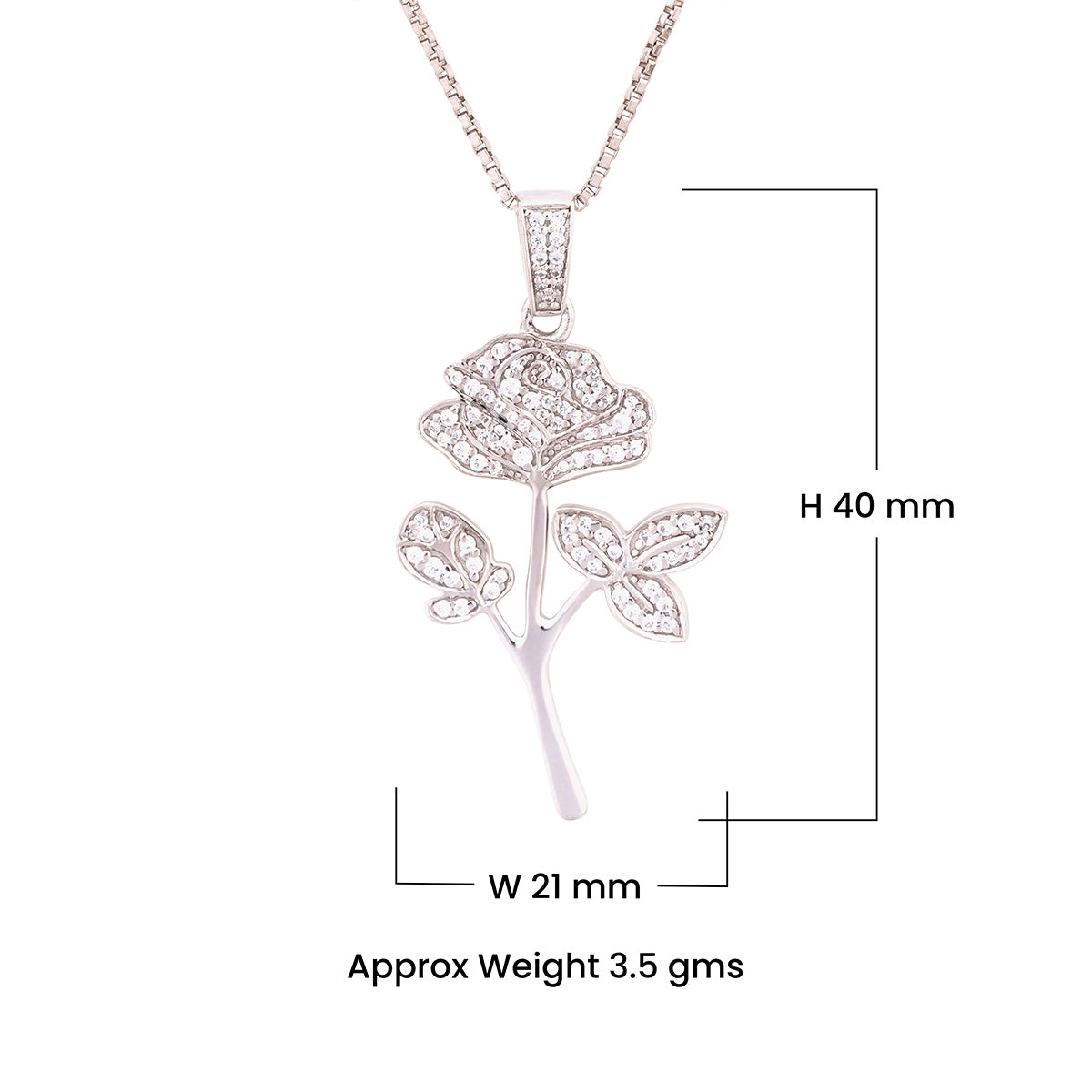 Rose-shaped silver pendant with measurements on a white background
