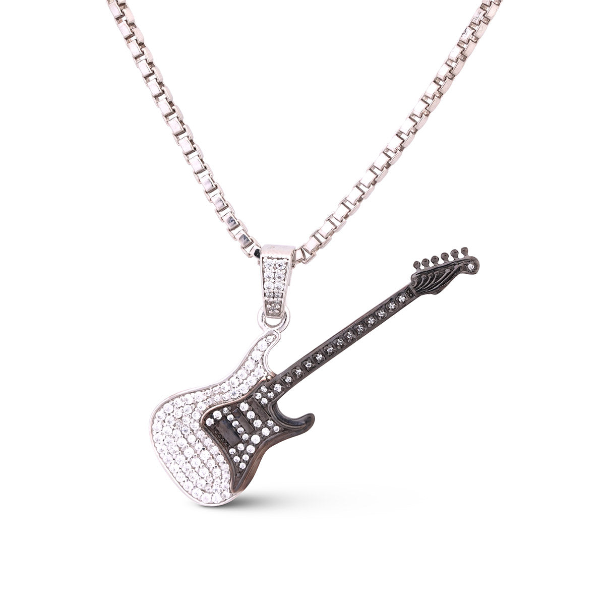 Two Tone Sterling Silver Diamond Studded Iced Out Guitar pendant necklace with Chain on a White Background