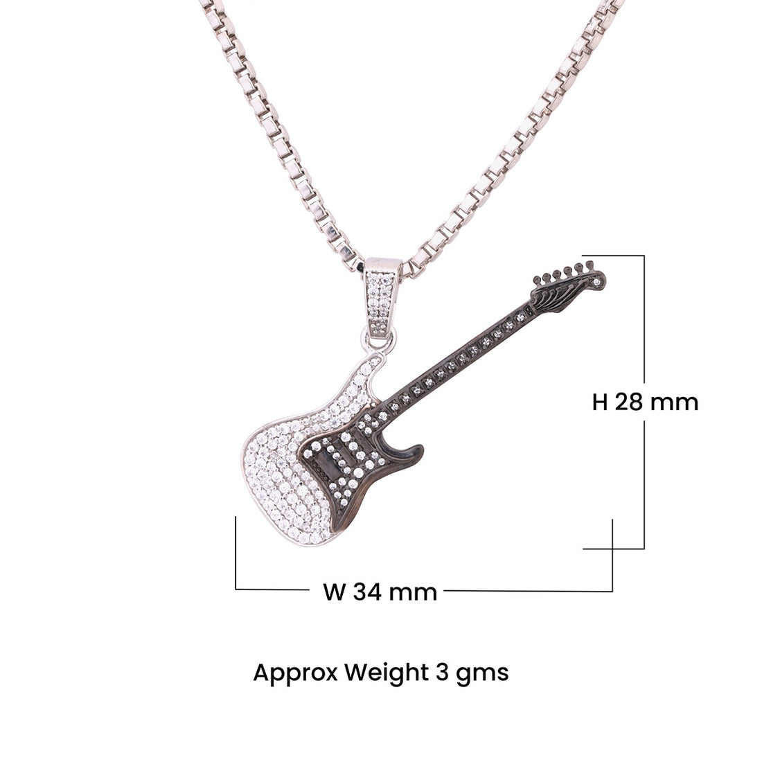 Two Tone Sterling Silver guitar pendant necklace with Chain on a dark textured background