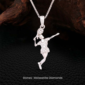 Female badminton player pendant necklace with moissanite diamonds on a dark background