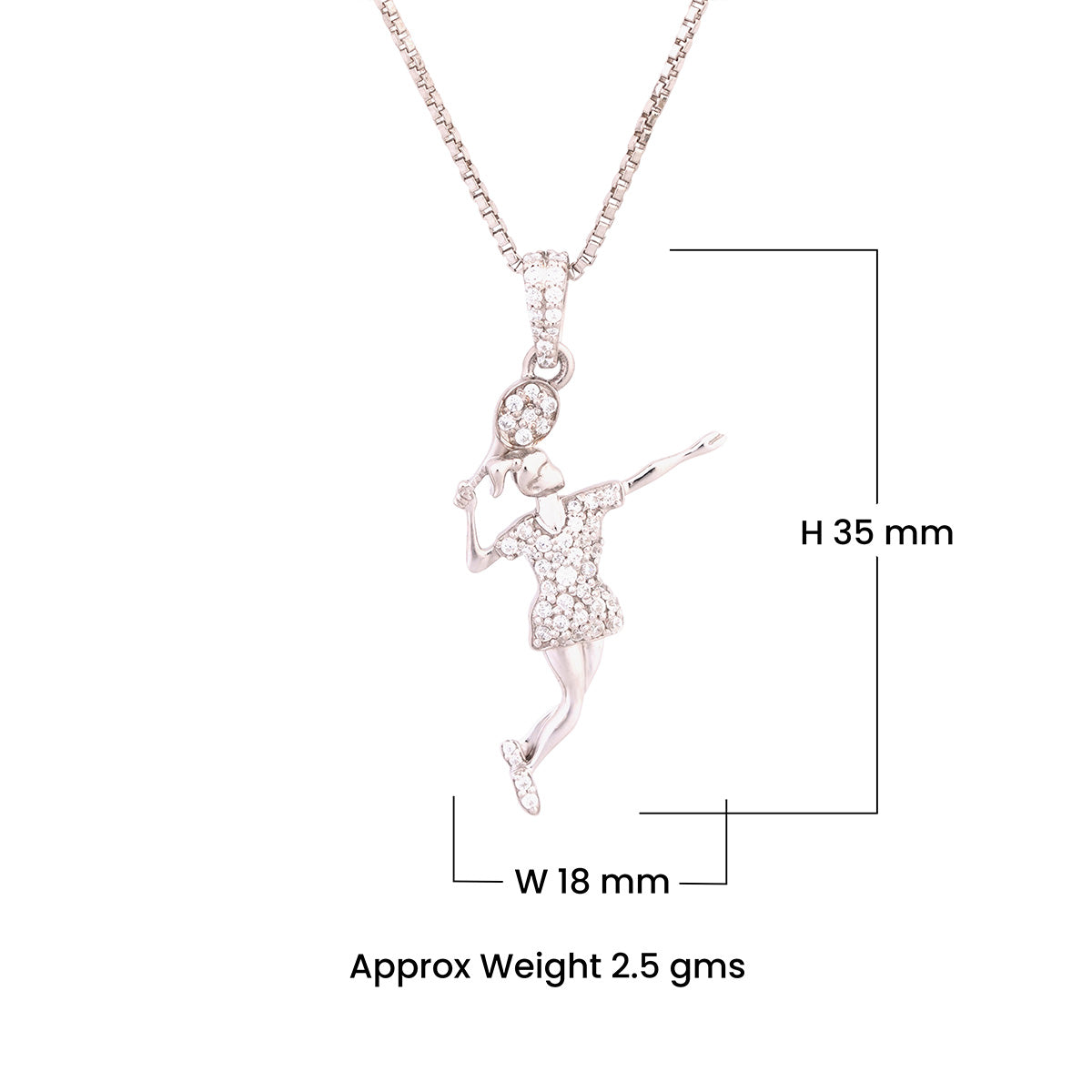 Badminton player pendant necklace with measurements on a white background