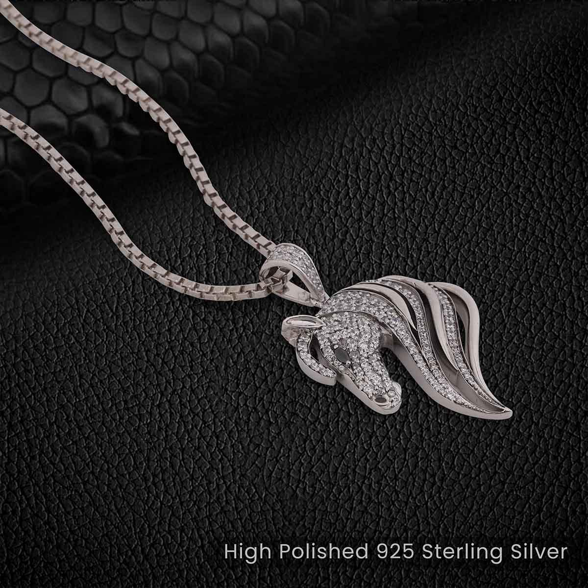 SILVER HORSES ペンダントトップ&チェーン Iced Out Horse Pendant Necklace Sterling Silver AAA CZ Equestrian