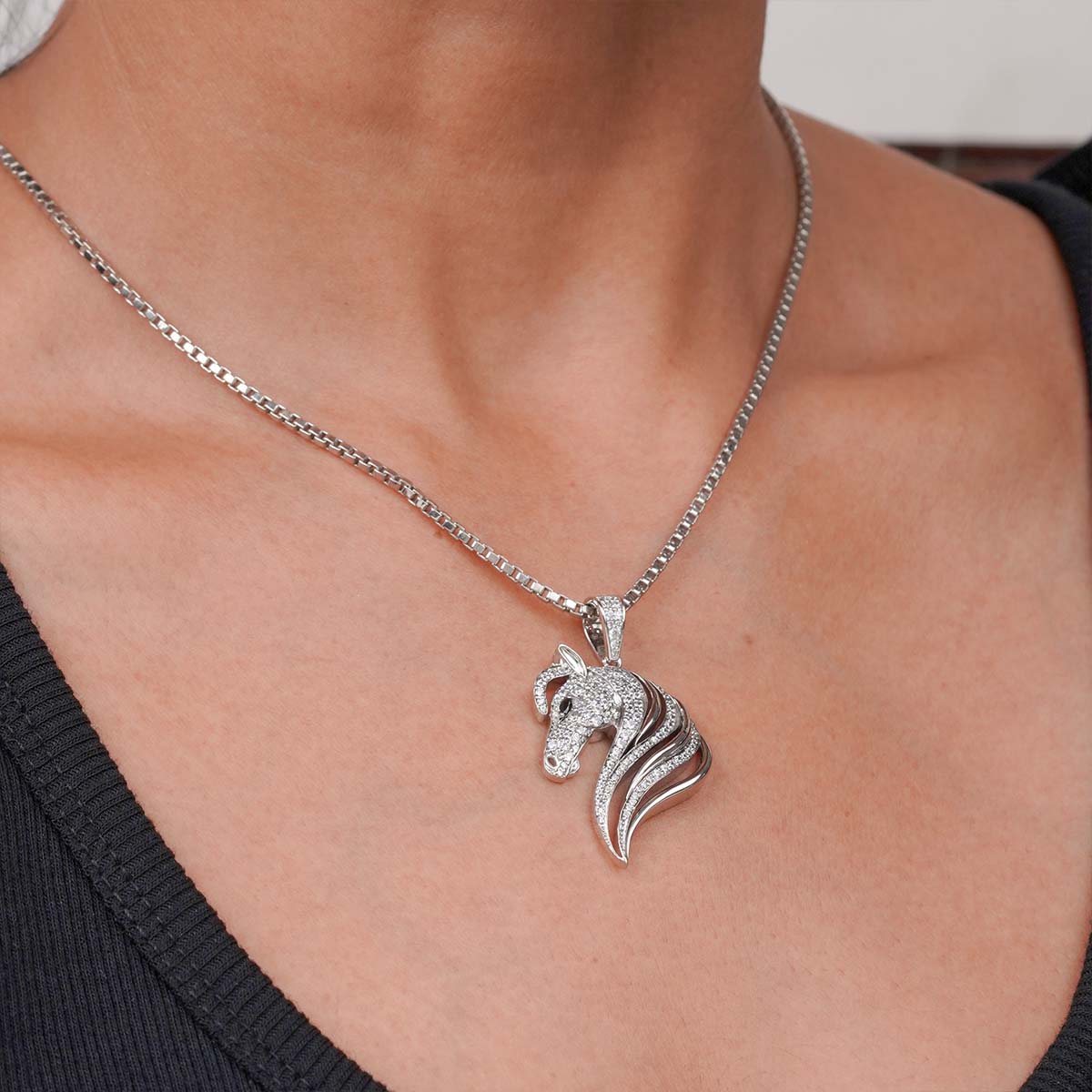 Iced Out Horse Pendant Necklace Sterling Silver AAA CZ Equestrian