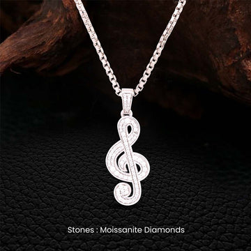 Treble Clef Necklace Moissanite Iced Out Music Note Pendant with Chain, on a dark textured background