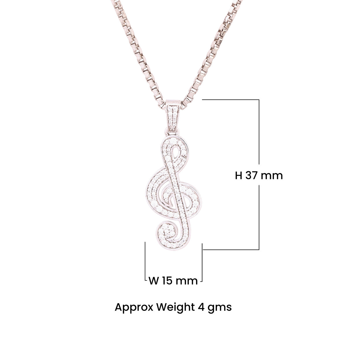 Silver treble clef pendant on a chain with measurements and weight details.