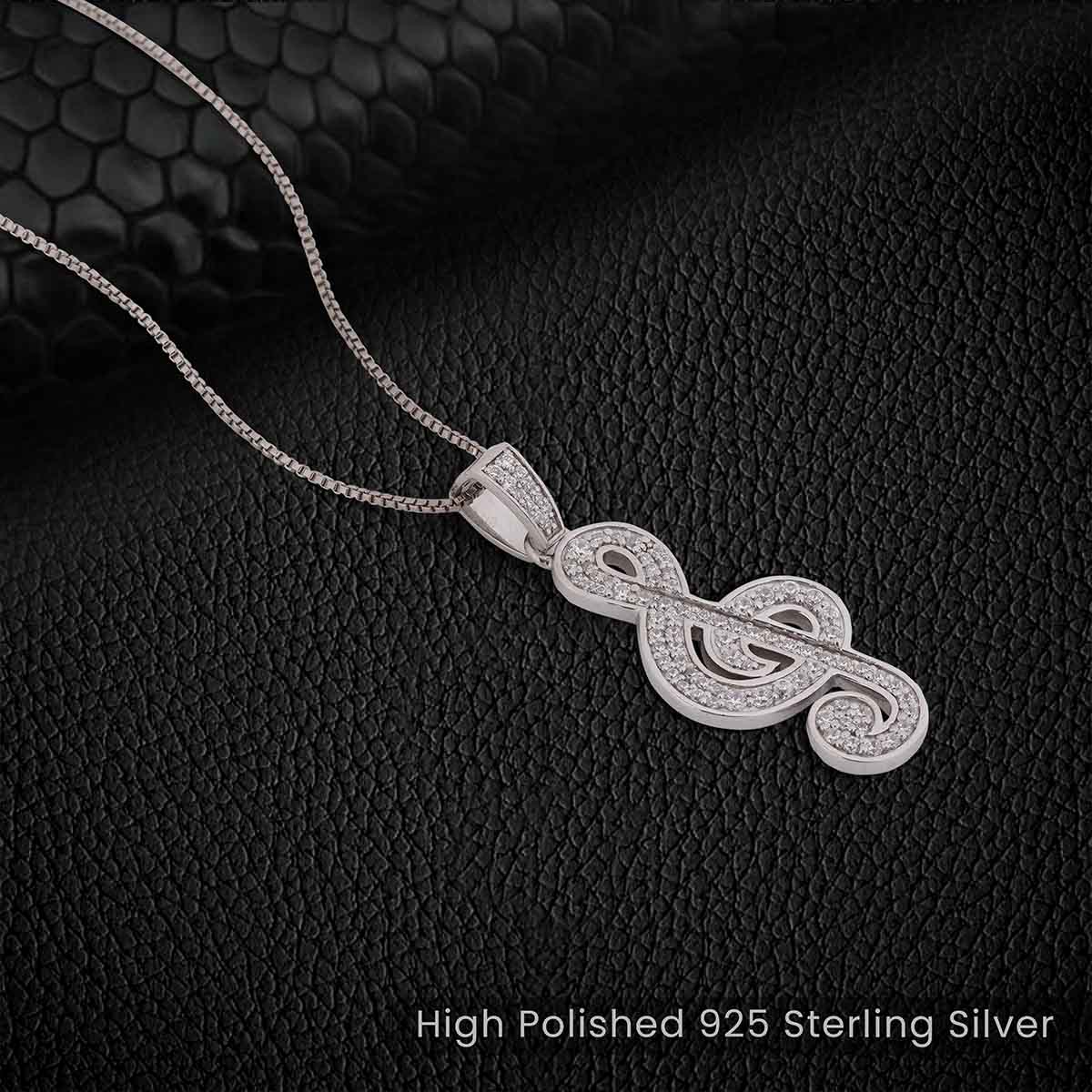 Sterling Silver treble clef Music Note pendant necklace with Moissanite Diamonds