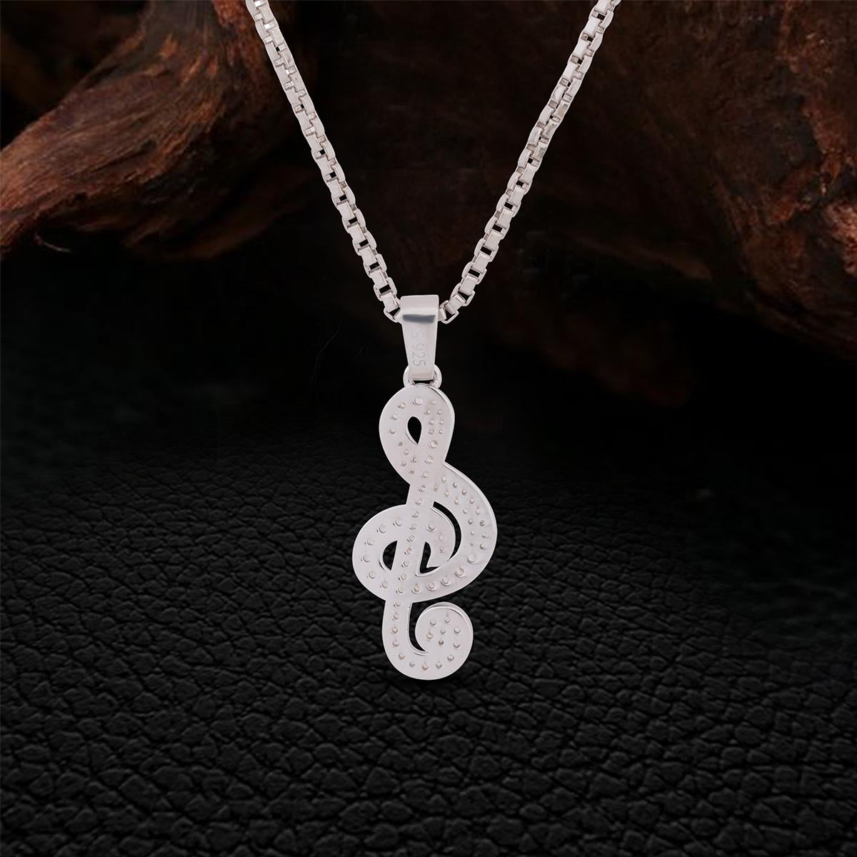 Backside of Sterling Silver Iced Out Treble Clef Music Note Pendant Necklace