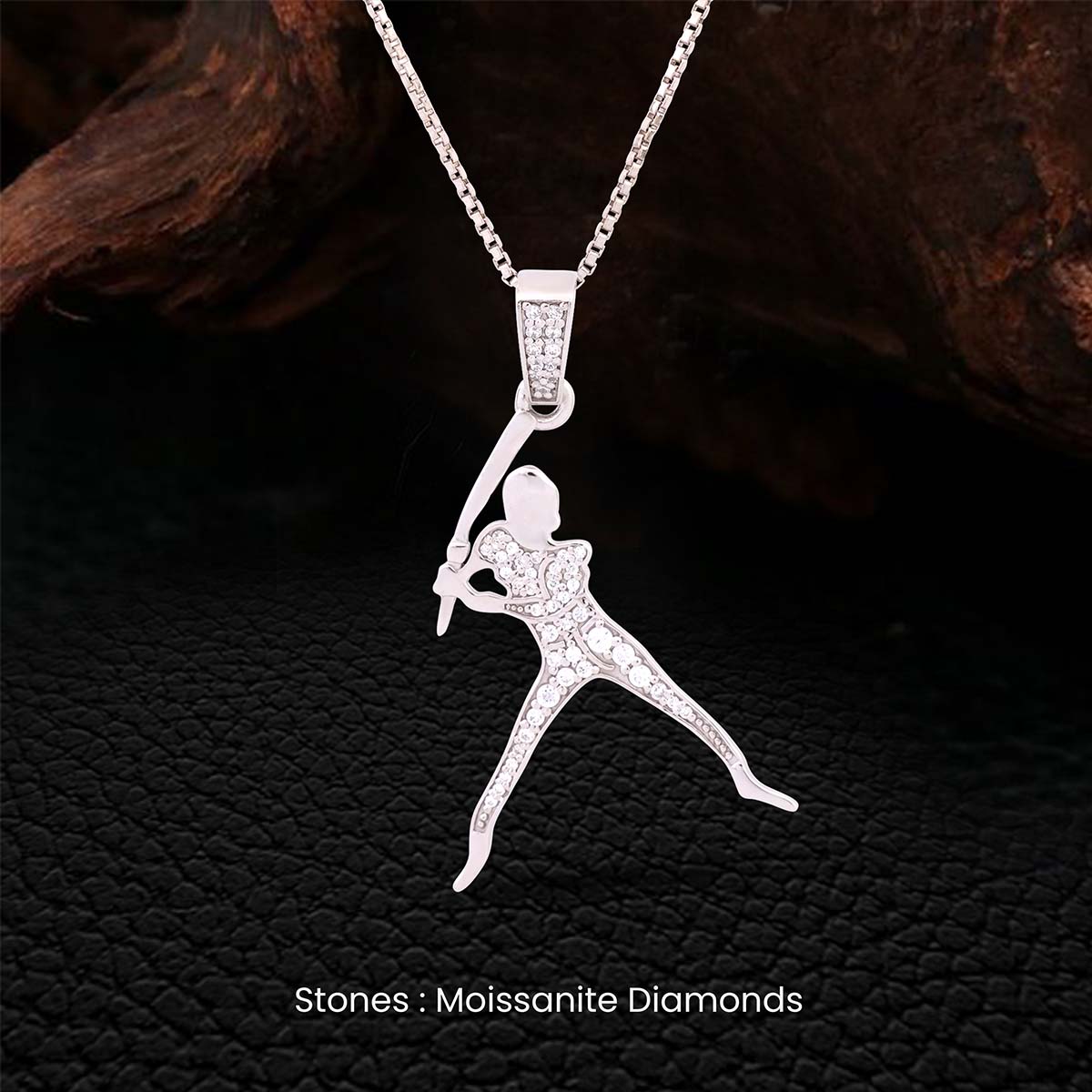 Silver Baseball player pendant in a dynamic pose, Studded with Moissanite Diamonds