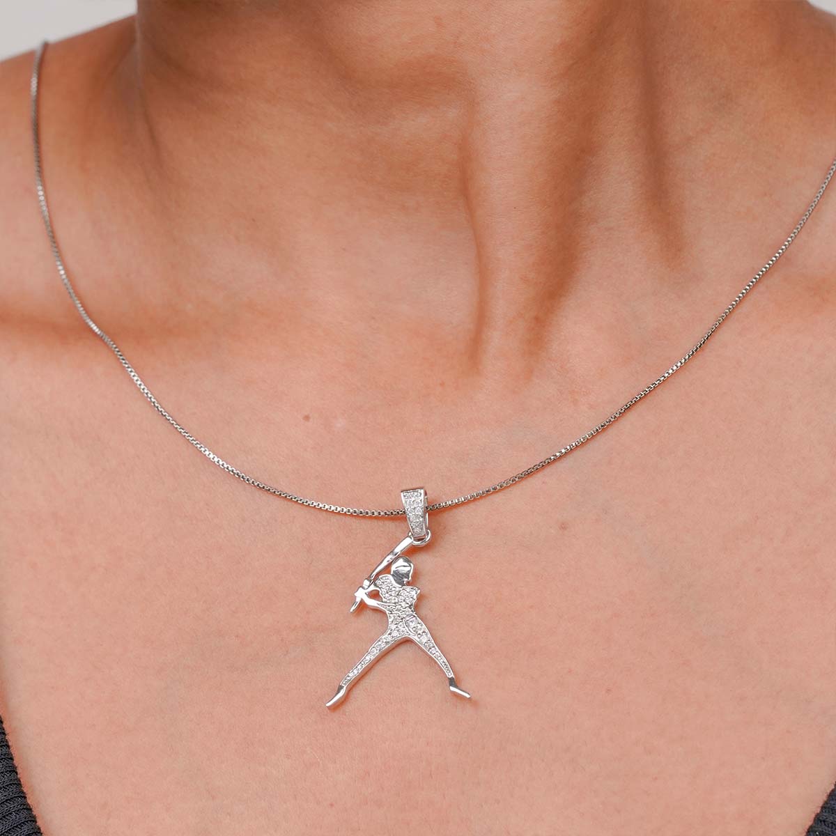 Silver necklace with Baseball player figure pendant on a person's neck.