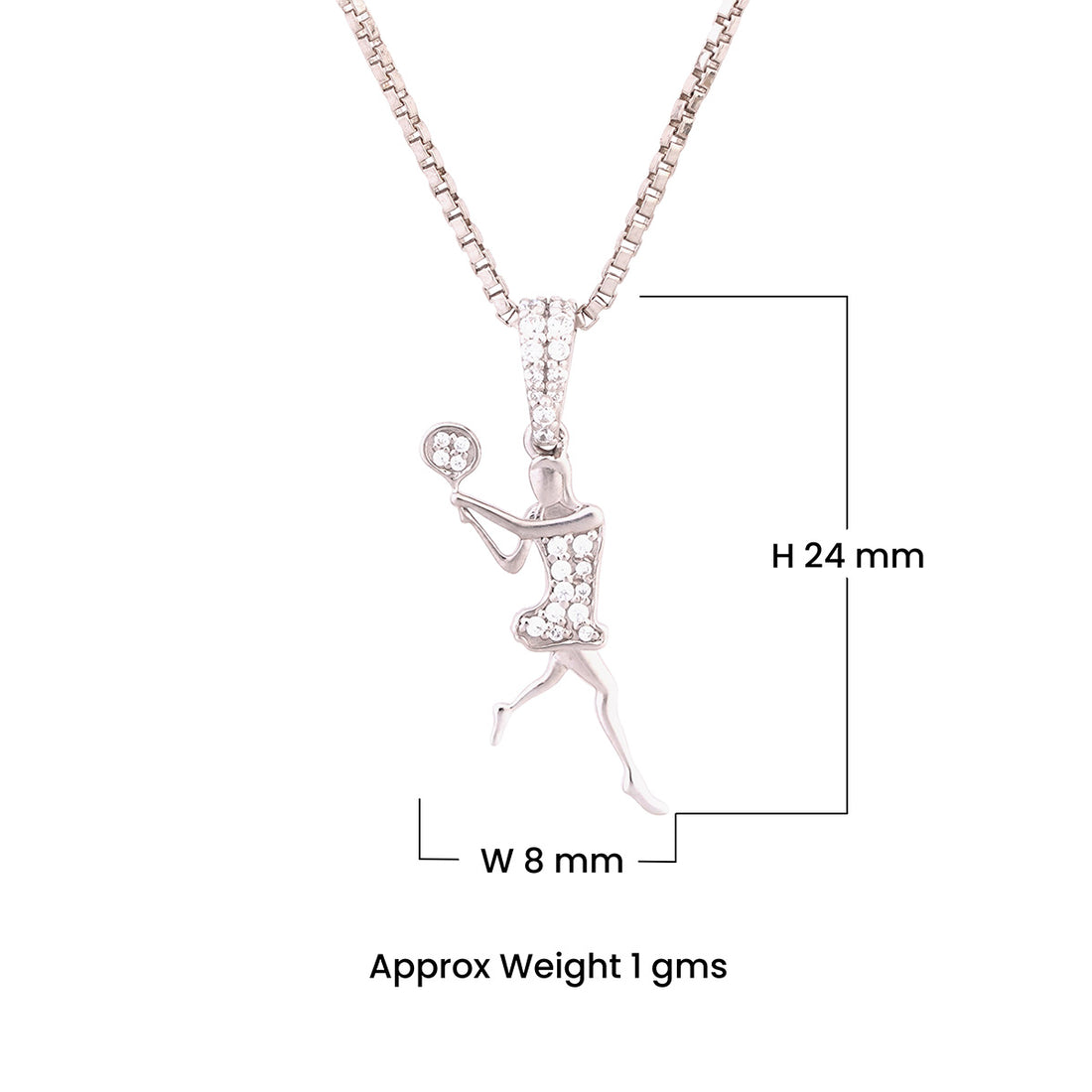 Silver pendant of a woman playing tennis encrusted with moissanite diamonds