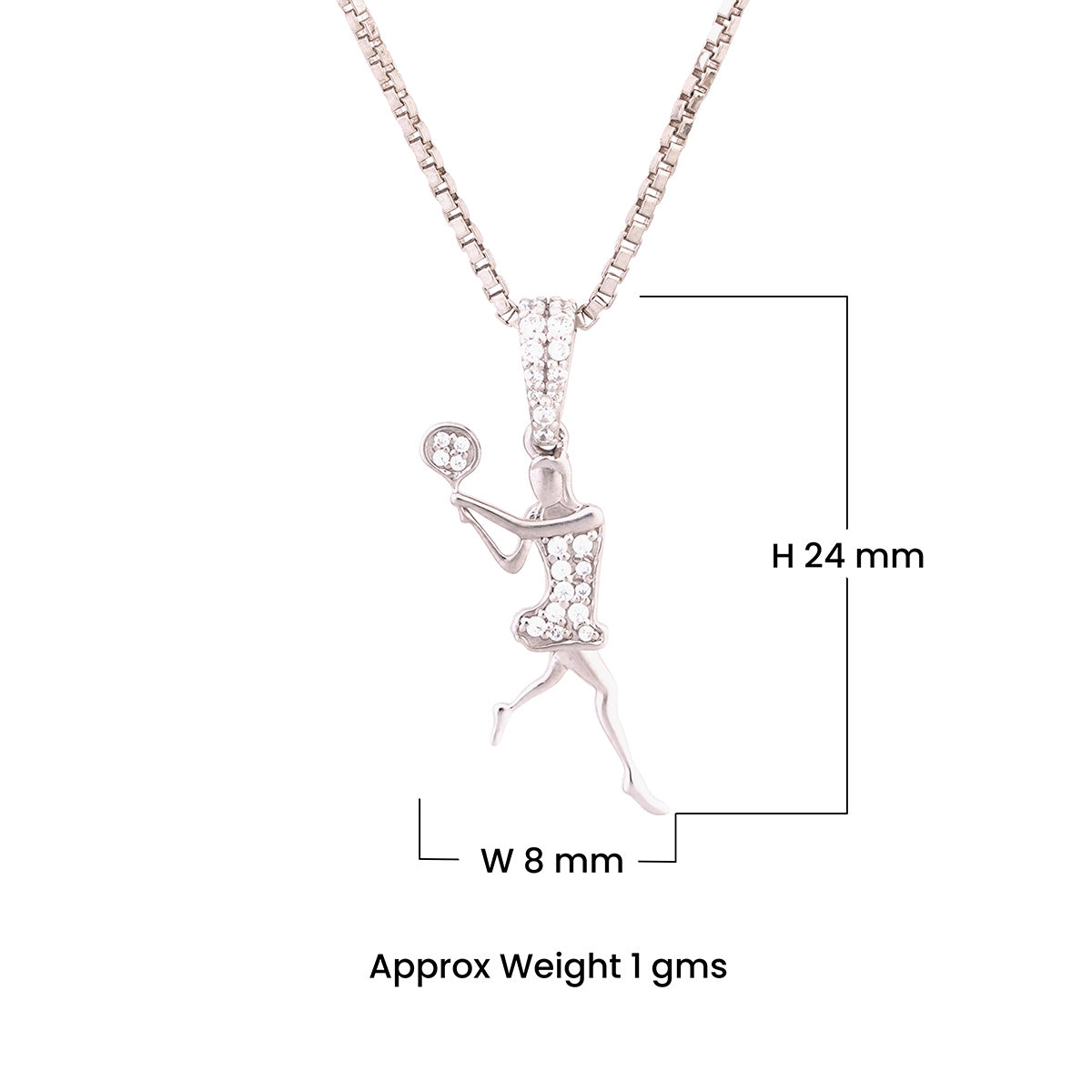 Female Tennis player pendant necklace with measurements on a white background