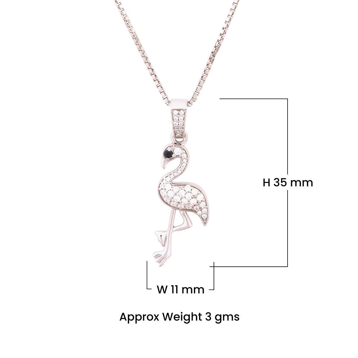 Flamingo-shaped pendant on a chain with measurements and weight details on a white background
