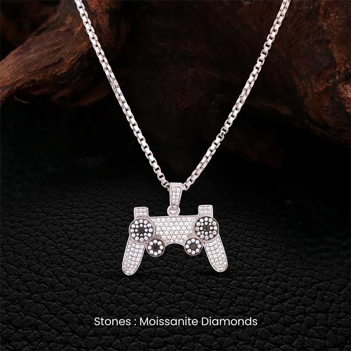 Video Game Controller Necklace Two Tone Sterling Silver Iced Out Gaming Pendant Studded with VVS Moissanite Diamonds
