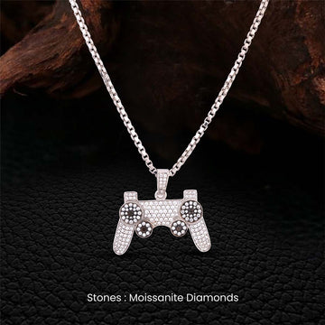Video Game Controller Necklace Two Tone Sterling Silver Iced Out Gaming Pendant Studded with VVS Moissanite Diamonds