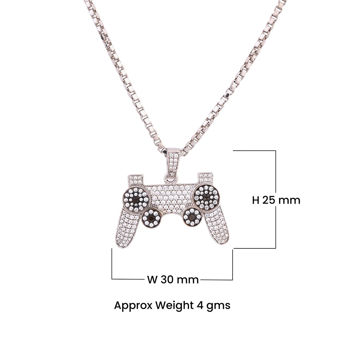Silver pendant shaped like a gaming controller with dimensions and weight information on a white background