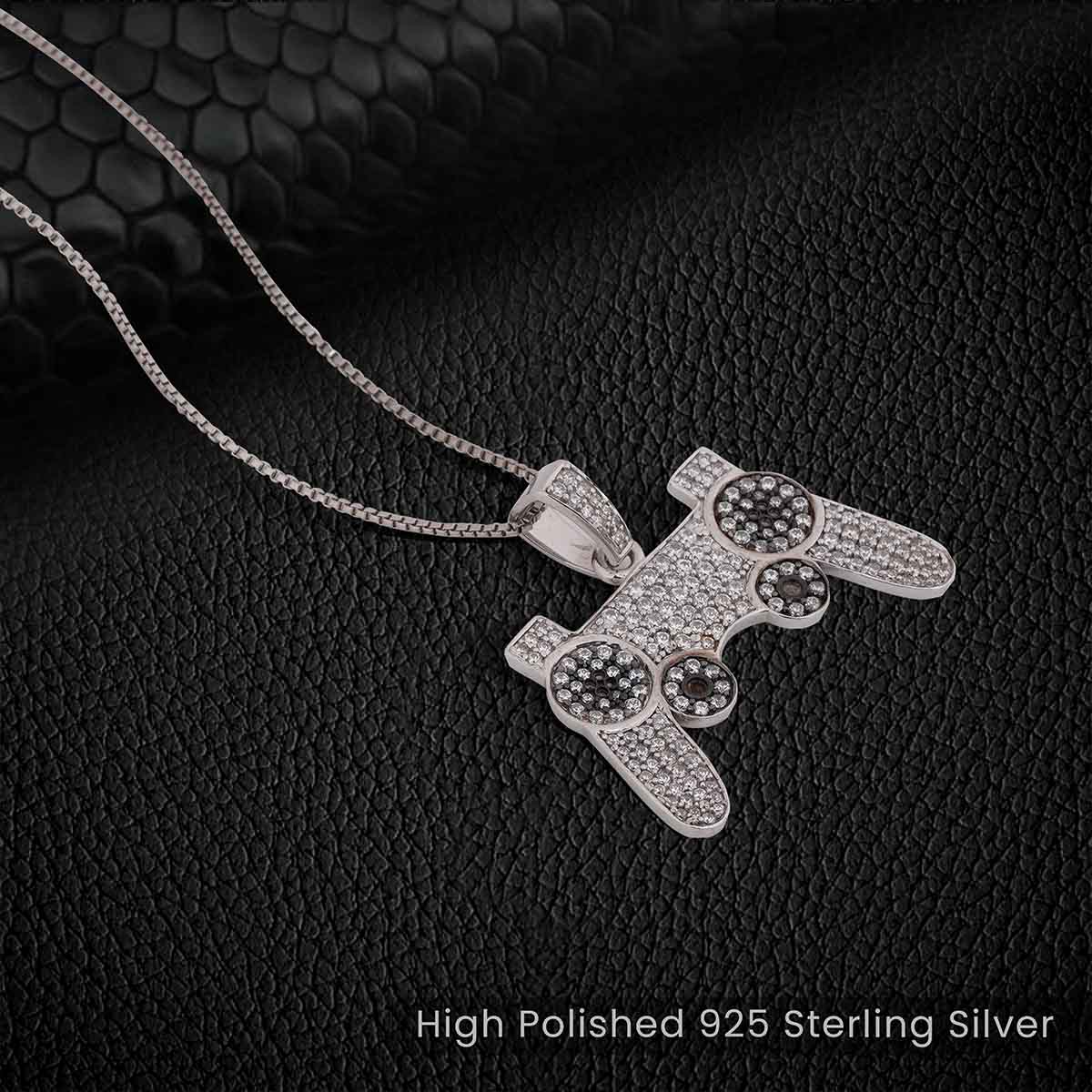 Iced Out Video Game Controller Pendant Necklace Two Tone Silver