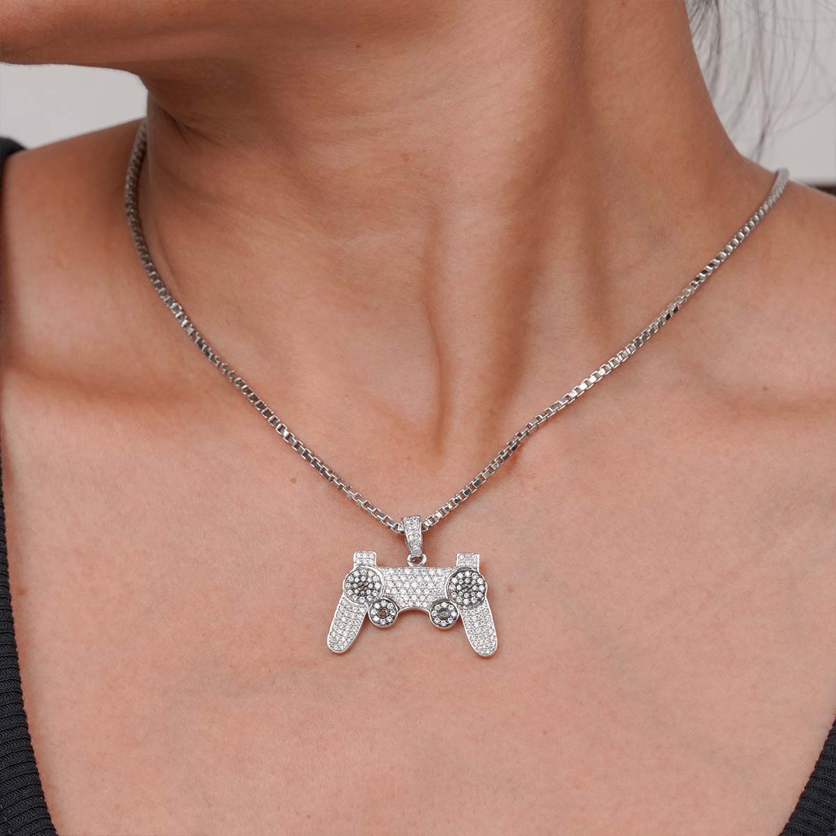 Sterling Silver gaming controller pendant necklace Studded with Moissanite Diamonds 