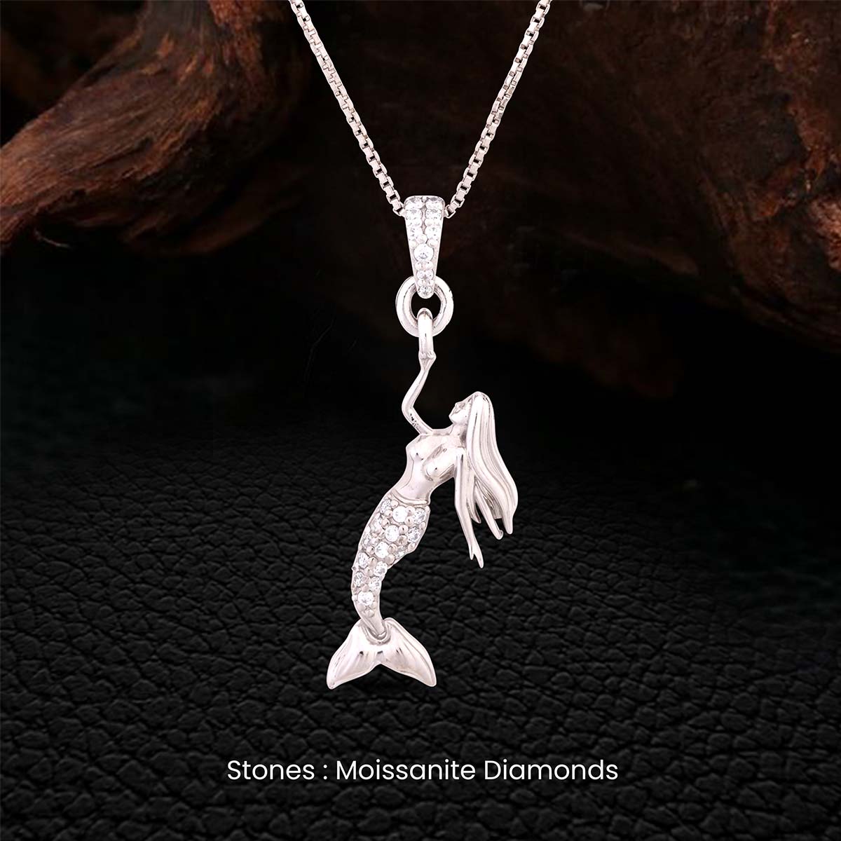 Sterling Silver mermaid pendant necklace with Moissanite diamonds