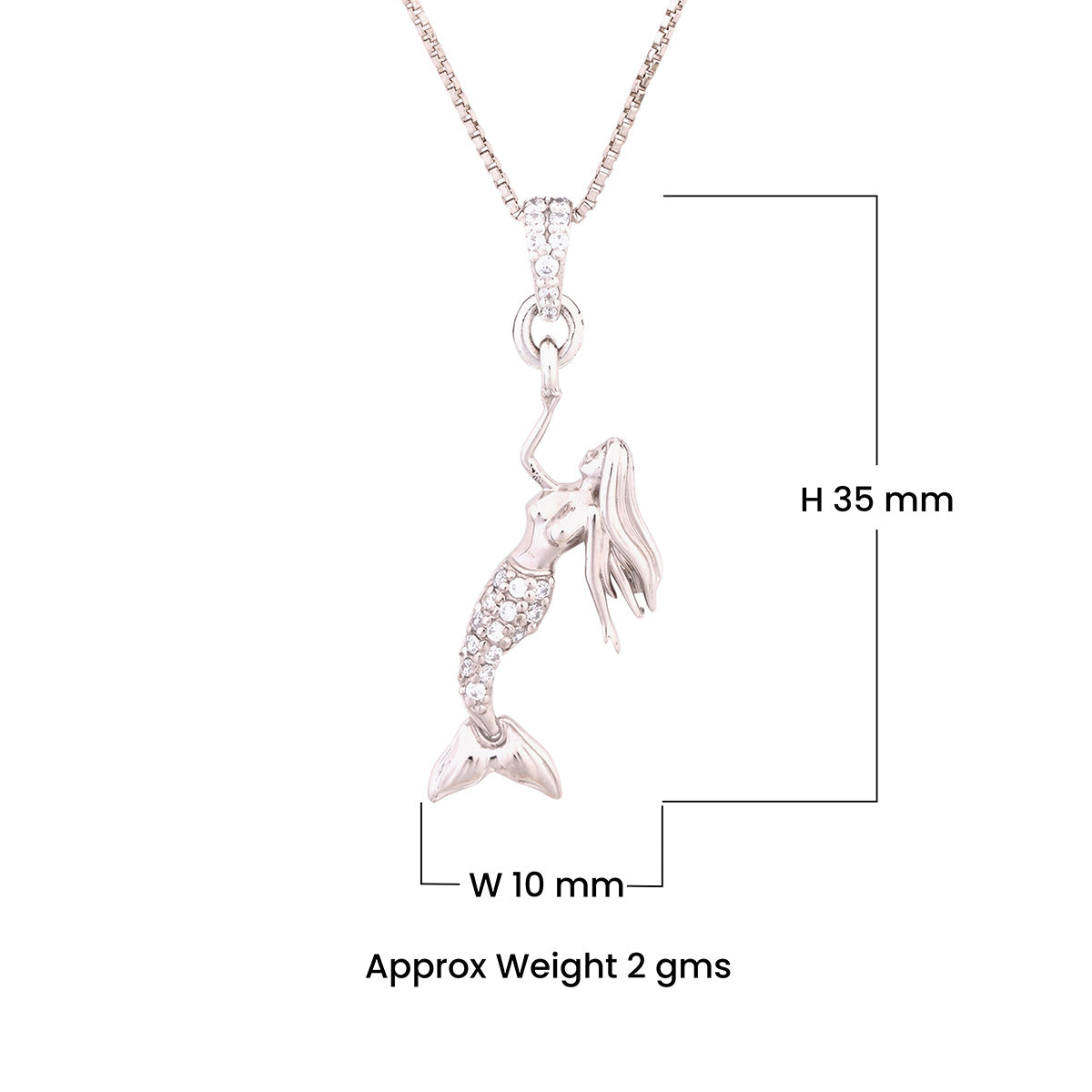 Mermaid pendant necklace with measurements on a white background