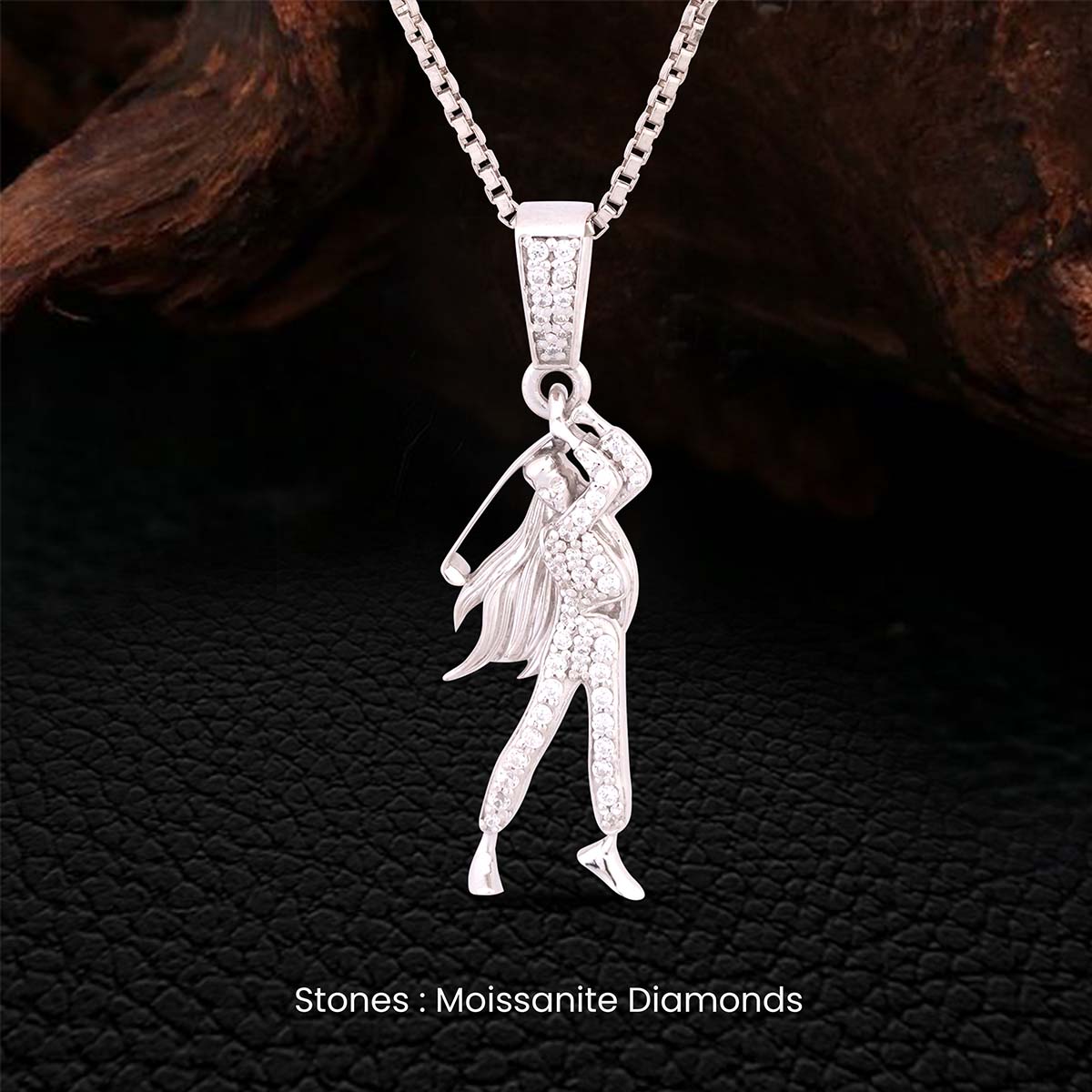sterling Silver pendant with female golf player figure design with moissanite diamonds