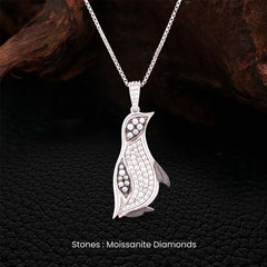 Moissanite Iced Out Penguin Pendant Necklace Two Tone Sterling Silver Antarctic Jewelry