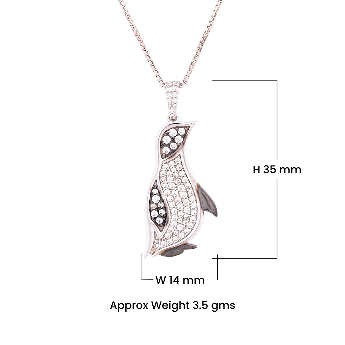 Penguin pendant with measurements on a white background