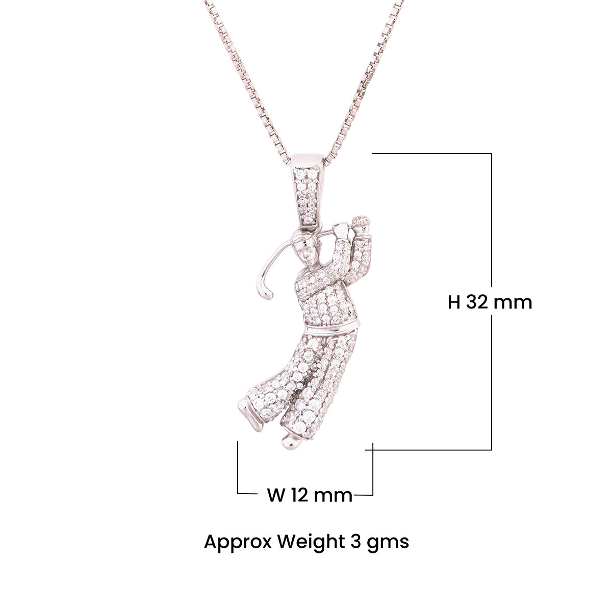 Golf Player Pendant Iced Out Sterling Silver Golfer Necklace with Dimensions